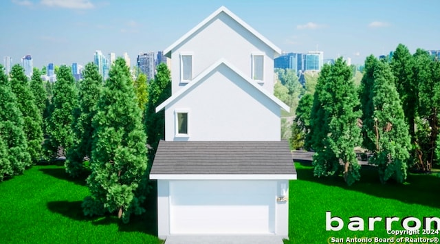 view of home's exterior with a lawn and a garage