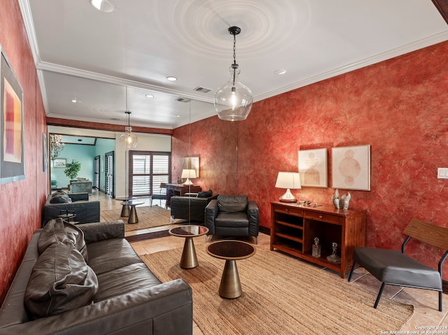 living room featuring light tile patterned floors and crown molding