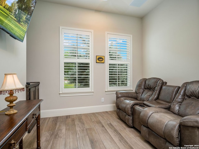 living room with lofted ceiling, light wood-type flooring, and a wealth of natural light