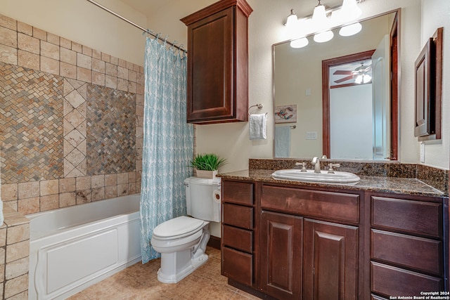 full bathroom with ceiling fan, shower / bath combo, toilet, vanity, and tile floors