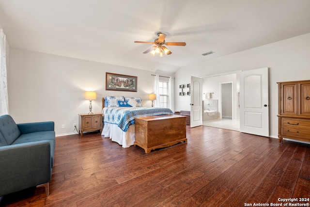 bedroom featuring ceiling fan and dark hardwood / wood-style floors