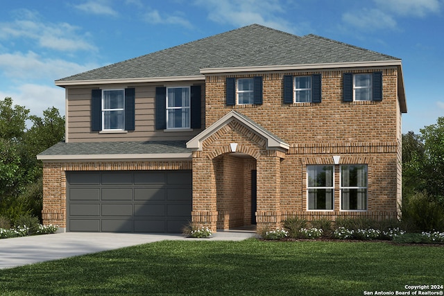 view of front of house featuring a garage and a front lawn