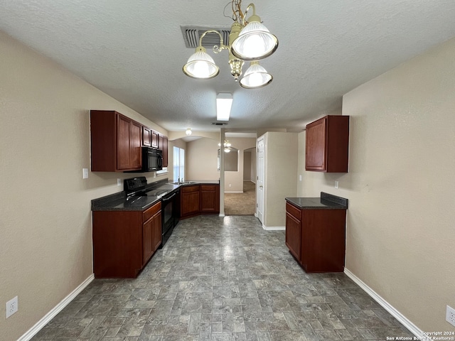 kitchen featuring an inviting chandelier, pendant lighting, a textured ceiling, and black appliances