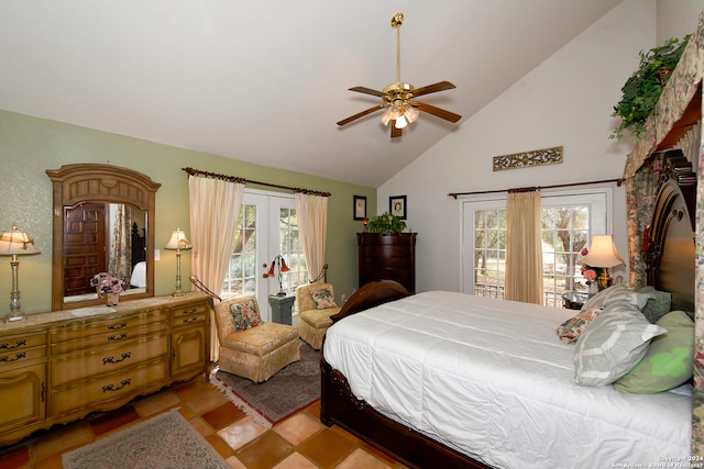 tiled bedroom with high vaulted ceiling, ceiling fan, access to outside, and multiple windows