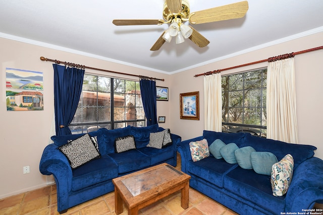 tiled living room with ornamental molding and ceiling fan