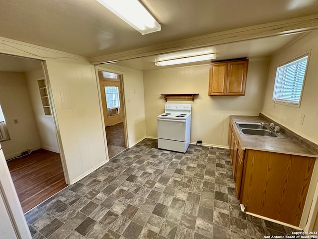 kitchen with plenty of natural light, dark hardwood / wood-style flooring, white range with electric stovetop, and sink