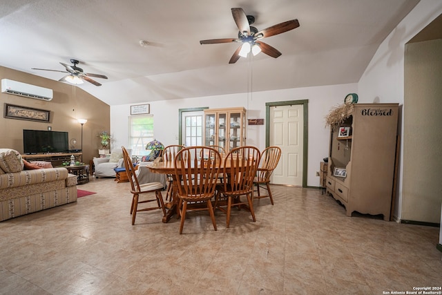 dining space with ceiling fan, vaulted ceiling, a wall unit AC, and light tile floors