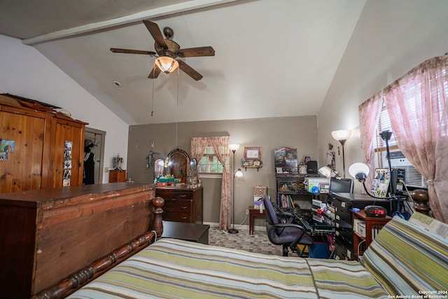 carpeted bedroom featuring high vaulted ceiling, beam ceiling, and ceiling fan