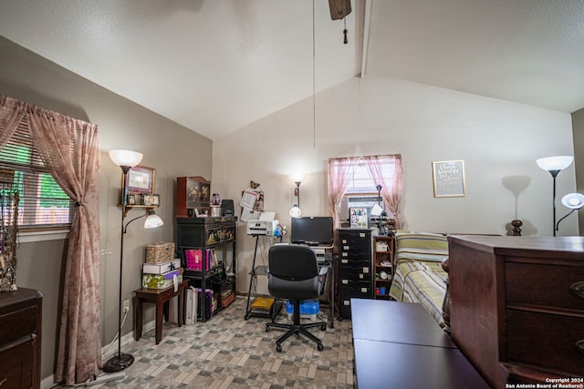 office with light colored carpet and vaulted ceiling