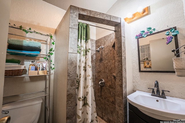 bathroom with vanity, toilet, curtained shower, and a textured ceiling