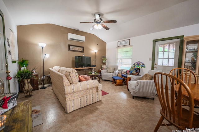 living room featuring lofted ceiling, ceiling fan, a wall unit AC, and tile floors