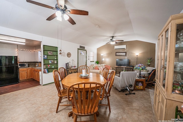 tiled dining room featuring a wall unit AC, ceiling fan, and vaulted ceiling