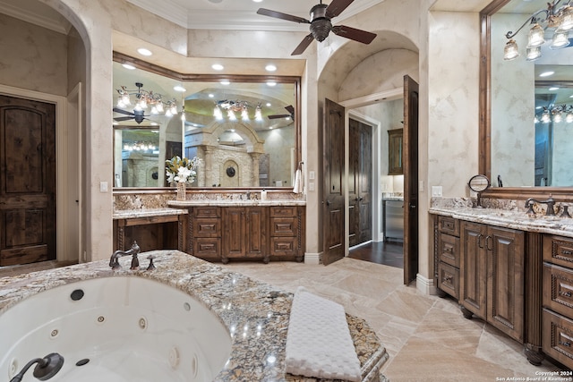 bathroom with crown molding, ceiling fan, vanity, and tile flooring