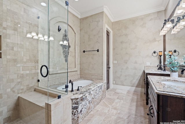 bathroom featuring crown molding, dual bowl vanity, tile floors, and plus walk in shower