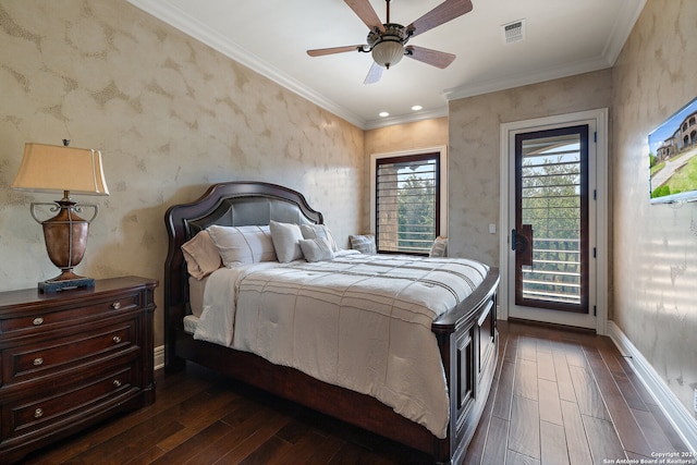 bedroom featuring multiple windows, ceiling fan, and dark hardwood / wood-style floors