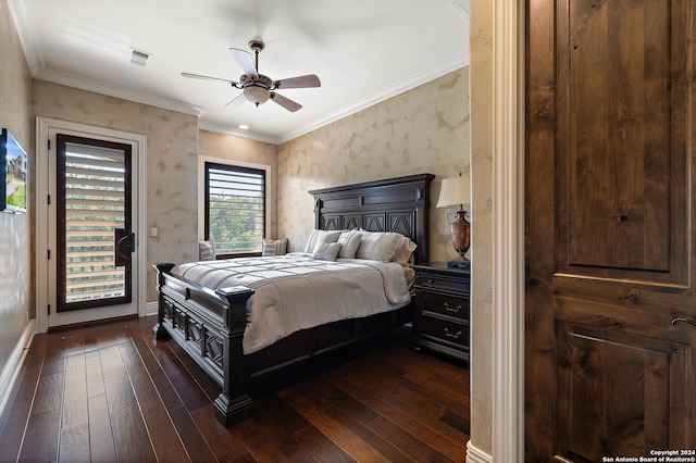 bedroom featuring ornamental molding, access to outside, ceiling fan, and dark hardwood / wood-style floors