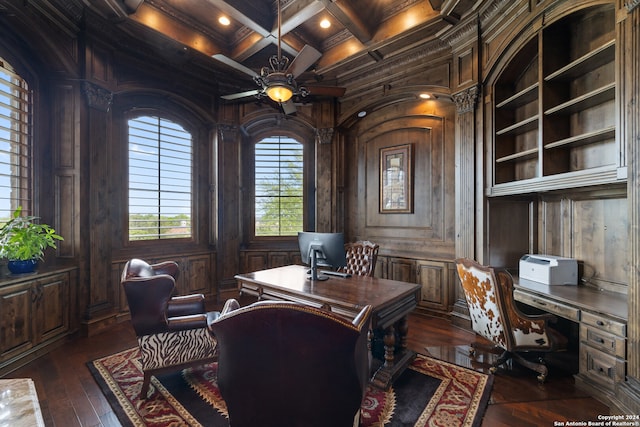 home office featuring wood walls, crown molding, dark hardwood / wood-style flooring, coffered ceiling, and ceiling fan