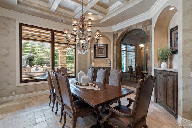 tiled dining room featuring ornamental molding, a notable chandelier, beam ceiling, and coffered ceiling