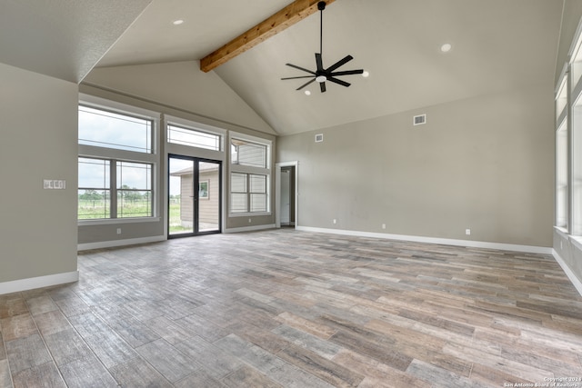 interior space with beamed ceiling, light hardwood / wood-style flooring, high vaulted ceiling, and ceiling fan