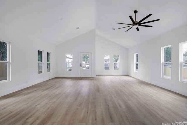 unfurnished living room featuring high vaulted ceiling, light hardwood / wood-style floors, and ceiling fan