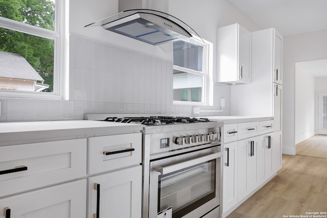 kitchen with high end stainless steel range, a wealth of natural light, island exhaust hood, and white cabinetry