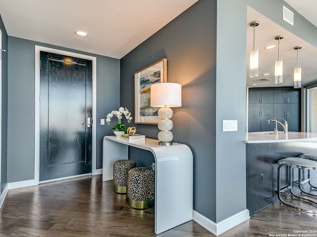 foyer with sink and dark hardwood / wood-style flooring