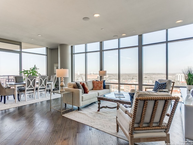 living room featuring hardwood / wood-style floors and floor to ceiling windows