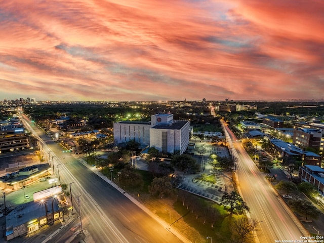 view of aerial view at dusk