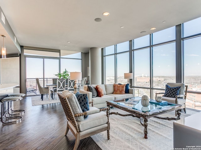 living room featuring expansive windows and hardwood / wood-style floors