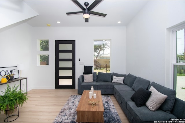 living room with ceiling fan and hardwood / wood-style flooring