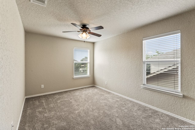 empty room featuring plenty of natural light, carpet, ceiling fan, and a textured ceiling