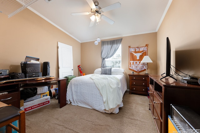 bedroom with crown molding, light colored carpet, lofted ceiling, and ceiling fan