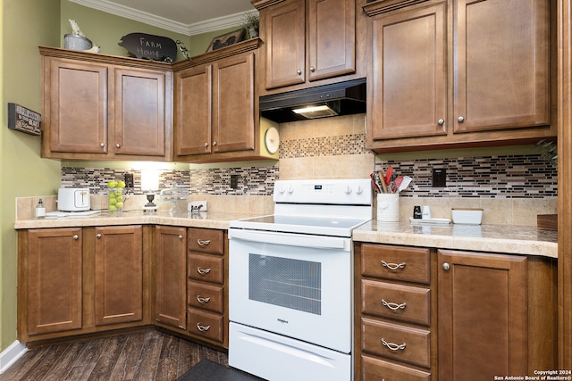 kitchen featuring ornamental molding, white electric range, dark hardwood / wood-style flooring, and decorative backsplash