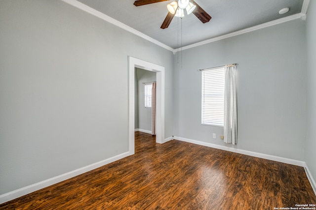 empty room with wood-type flooring, ceiling fan, and crown molding