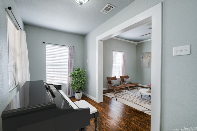 interior space featuring dark wood-type flooring, ceiling fan, and a textured ceiling