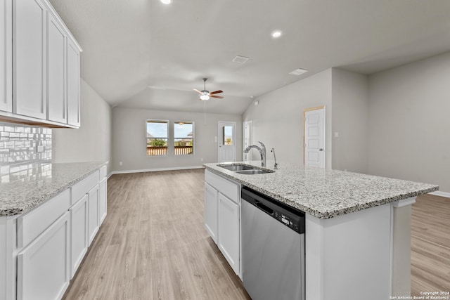 kitchen with white cabinets, sink, a kitchen island with sink, ceiling fan, and stainless steel dishwasher