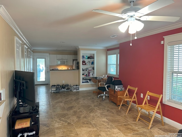 tiled living room featuring ceiling fan, crown molding, and a wealth of natural light