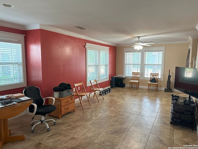 office featuring tile floors, crown molding, and ceiling fan