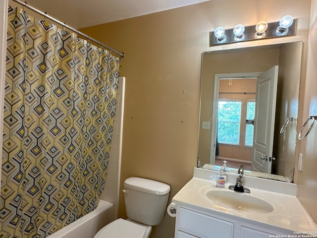 full bathroom with toilet, shower / tub combo, and oversized vanity