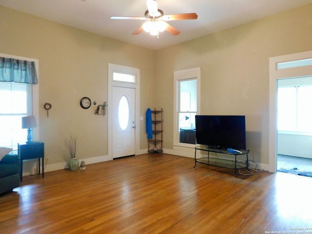 foyer featuring plenty of natural light, ceiling fan, and wood-type flooring