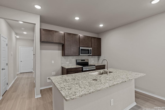 kitchen featuring backsplash, sink, stainless steel appliances, and a center island with sink