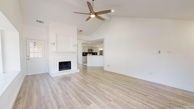 unfurnished living room featuring high vaulted ceiling, ceiling fan, and light hardwood / wood-style flooring