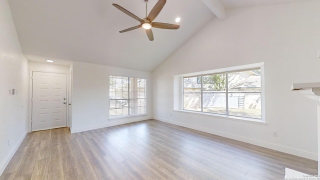 unfurnished living room with beamed ceiling, high vaulted ceiling, wood-type flooring, and ceiling fan