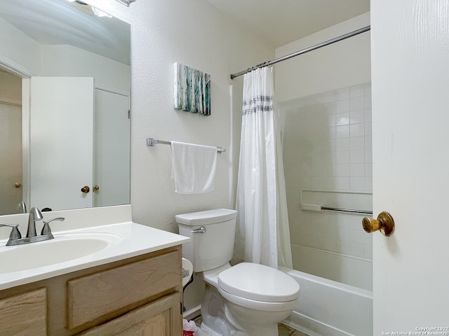 full bathroom featuring shower / bath combo, toilet, and vanity