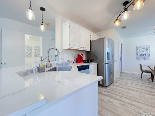 kitchen with light hardwood / wood-style flooring, kitchen peninsula, stainless steel appliances, sink, and white cabinets