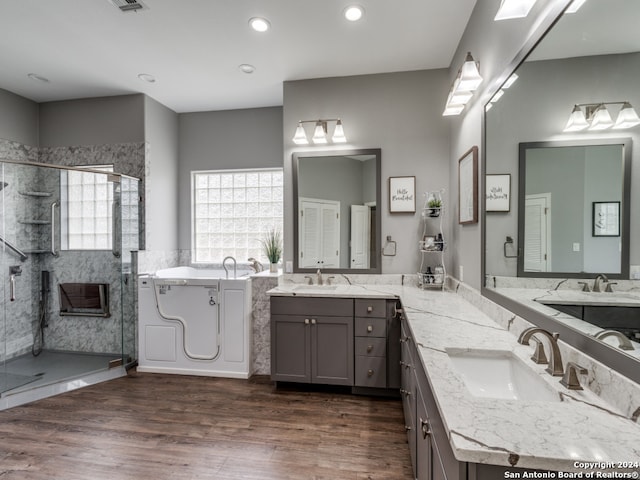 bathroom featuring vanity, wood-type flooring, and a shower with door