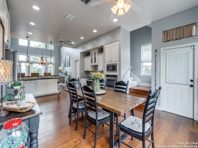 dining area with dark hardwood / wood-style flooring, a wealth of natural light, and ceiling fan