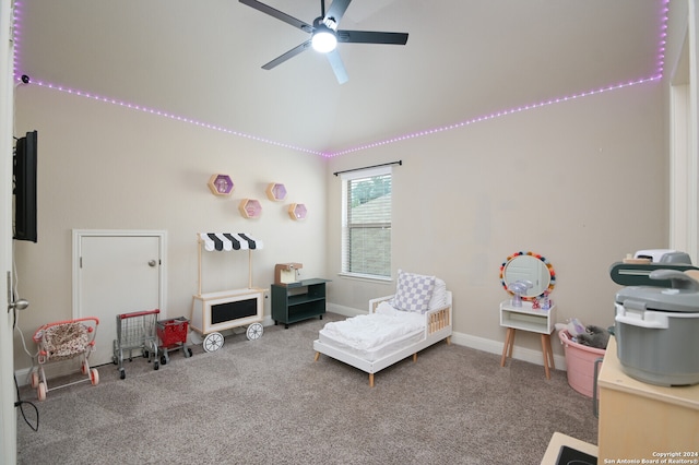 recreation room featuring carpet flooring and ceiling fan