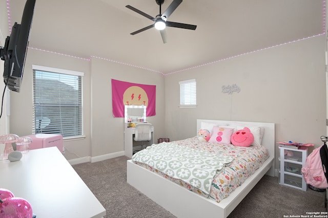 carpeted bedroom featuring multiple windows and ceiling fan