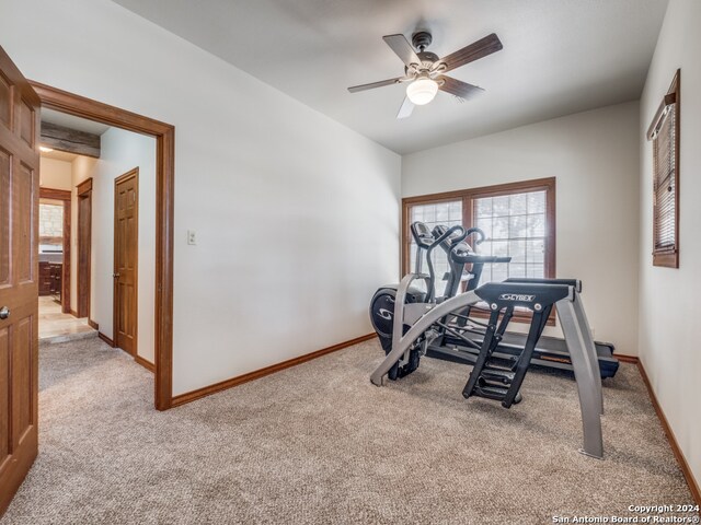 exercise area with carpet flooring and ceiling fan